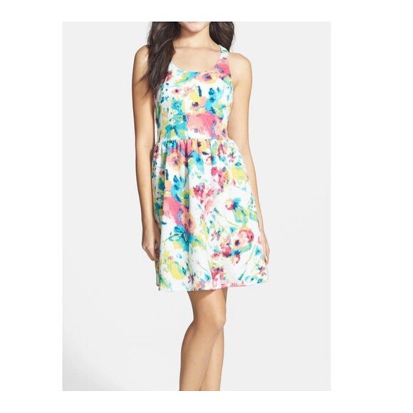 Everly Floral Watercolor Sundress Womans Size Medium White Sleeveless Mini Dress - Picture 1 of 9